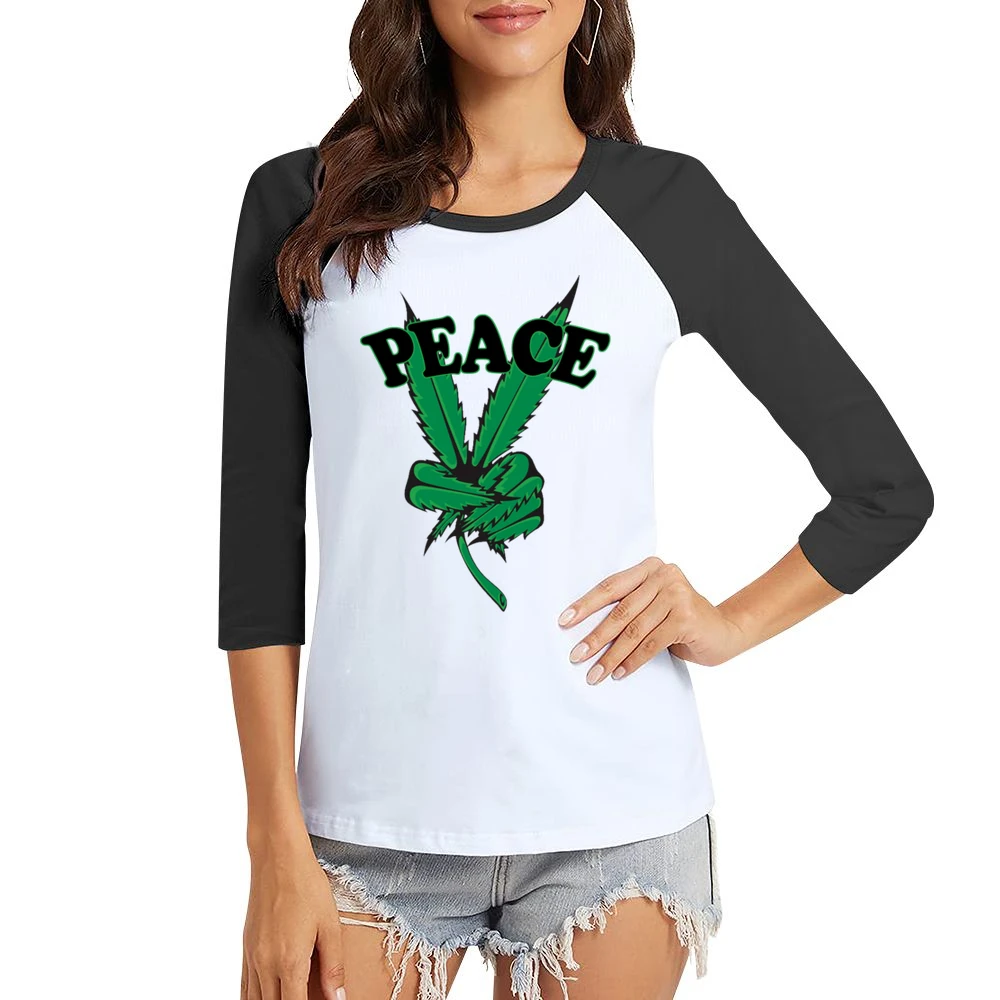 Peace Cannabis Leaf Fun Graphic Tee Shirt Women Ladies 3-4 Sleeve T-Shirt