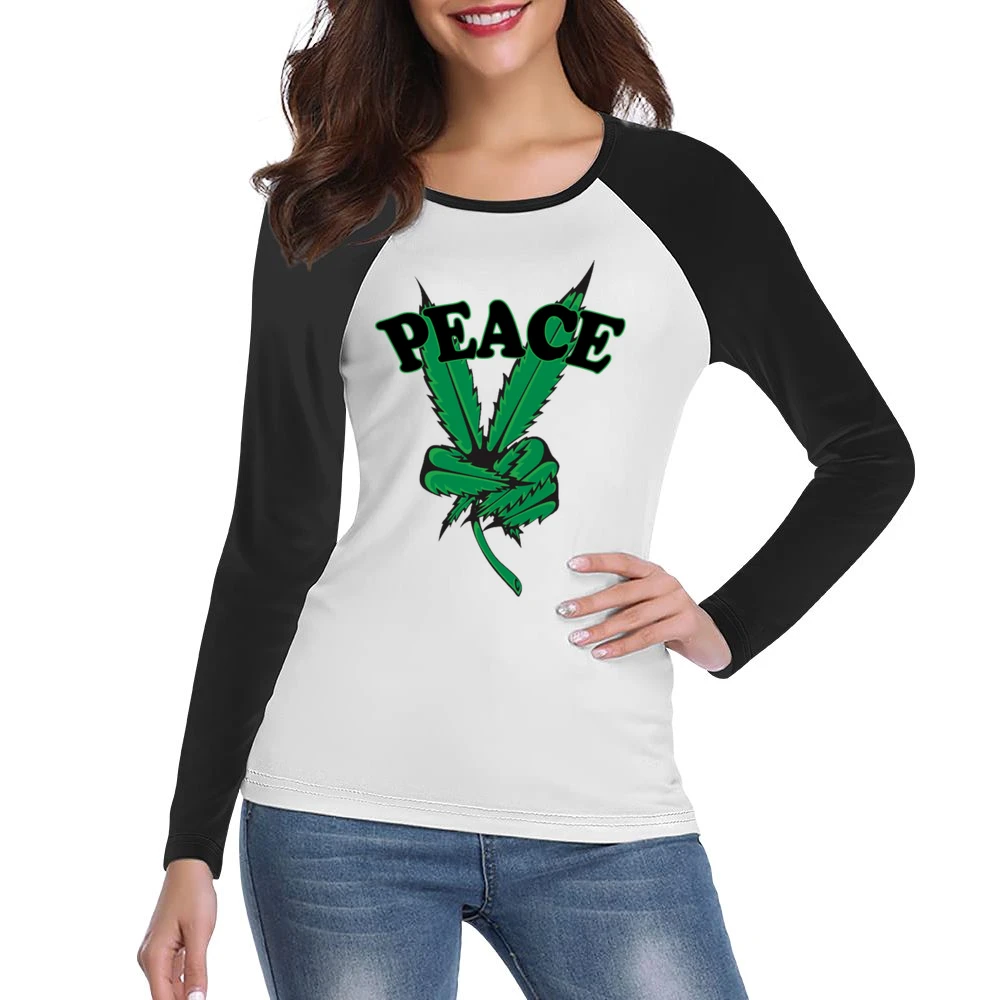 Peace Cannabis Leaf Fun Graphic Tee Shirt Women Ladies Long Sleeve T-Shirt