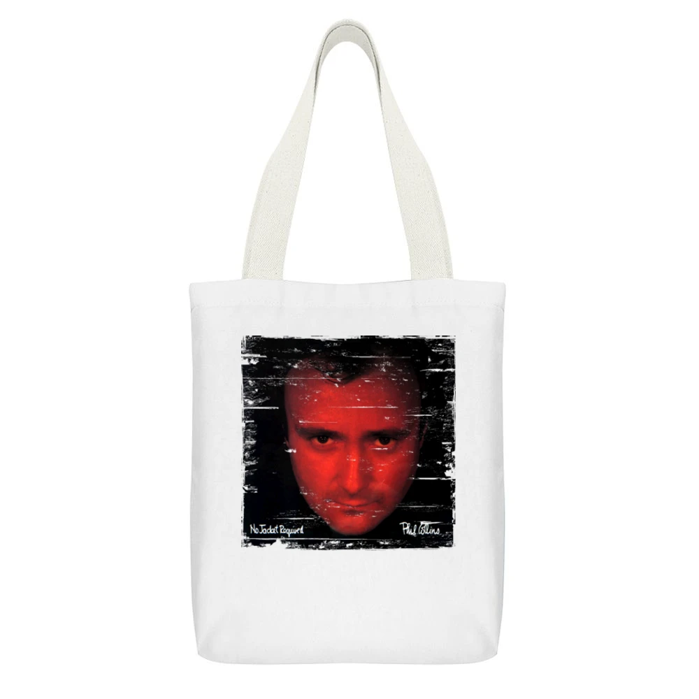 Phil Collins No Jacket Required Album Cover Distressed Image White Canvas Tote Shopping Bag With Interior Pocket
