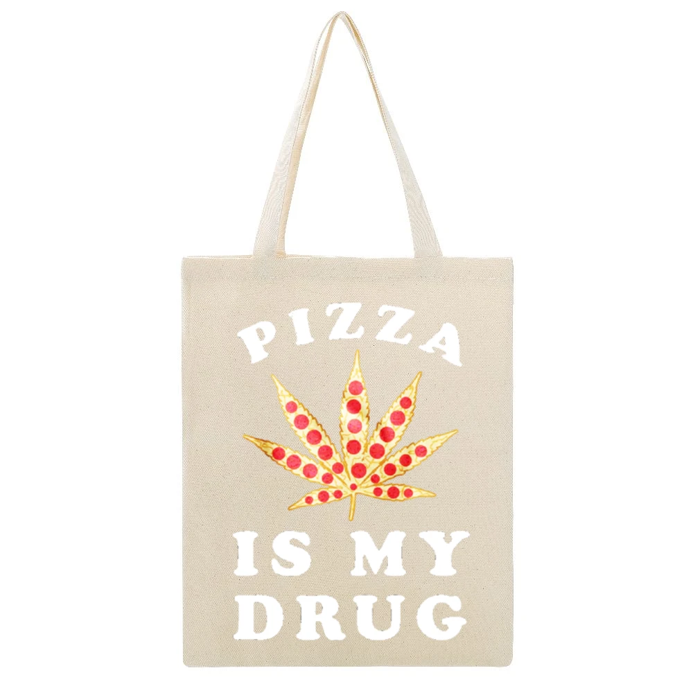Pizza Is My Drug Funny Pepperoni Pizza Pot Leaf Weed Graphic Beige Canvas Tote Shopping Bag