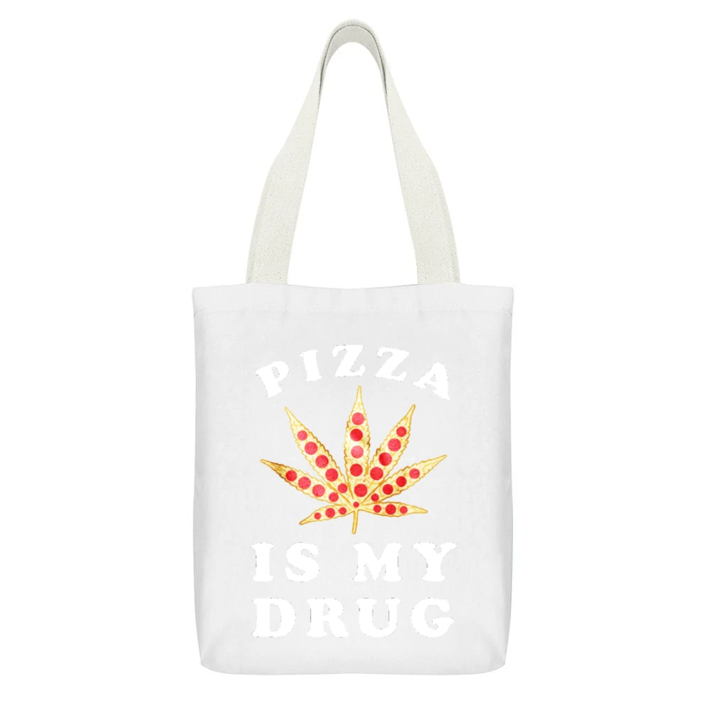 Pizza Is My Drug Funny Pepperoni Pizza Pot Leaf Weed Graphic White Canvas Tote Shopping Bag With Interior Pocket