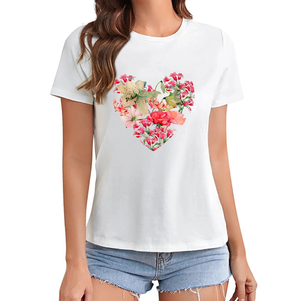 Pretty Flowers Heart Graphic Tee Shirt Asian Size Women Ladies T-shirt