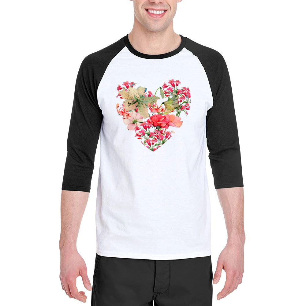 Pretty Flowers Heart Graphic Tee Shirt Men 3/4 Sleeve T-Shirt