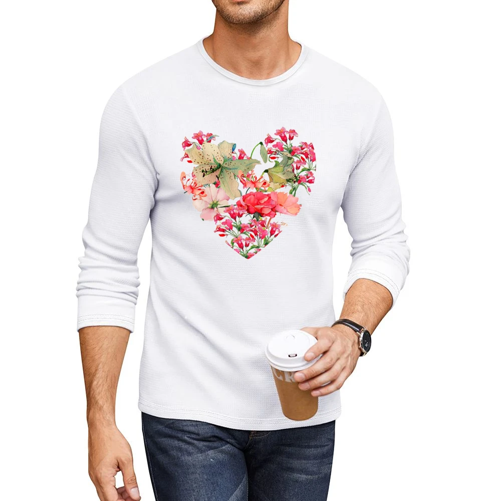 Pretty Flowers Heart Graphic Tee Shirt Men CrewNeck Long Sleeve T-Shirt
