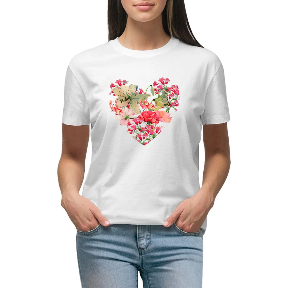Pretty Flowers Heart Graphic Tee Shirt Premium Women Ladies T-shirt