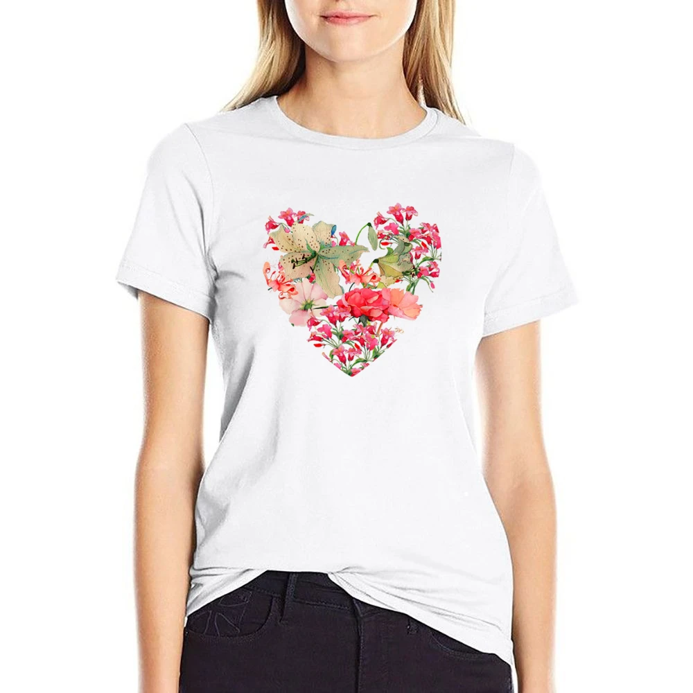 Pretty Flowers Heart Graphic Tee Shirt US Size Women Ladies T-shirt