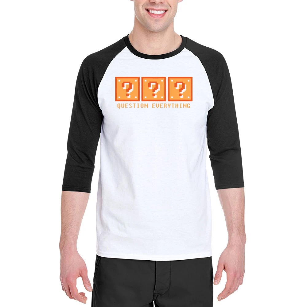 Question Everything Mario Retro Video Game 80s Men 3/4 Sleeve T-Shirt