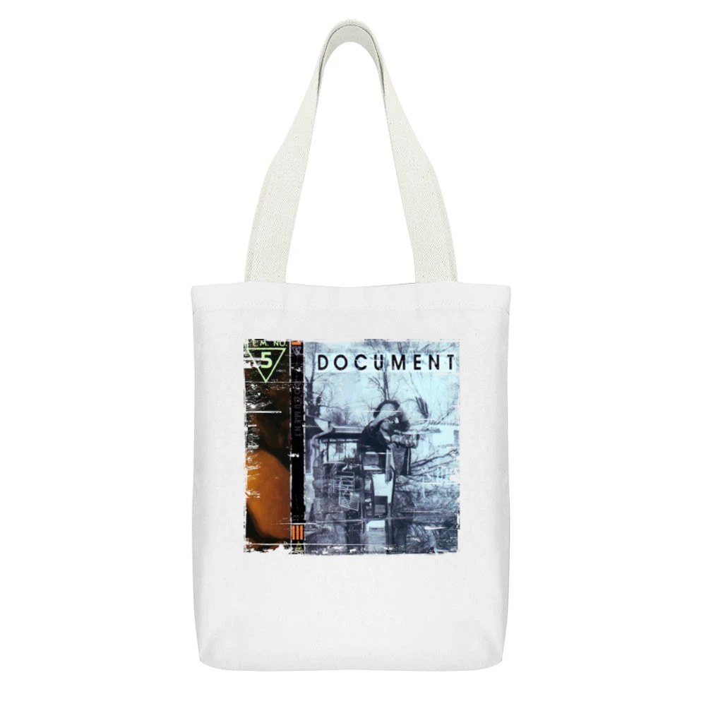REM Document Album Cover Distressed Image White Canvas Tote Shopping Bag With Interior Pocket