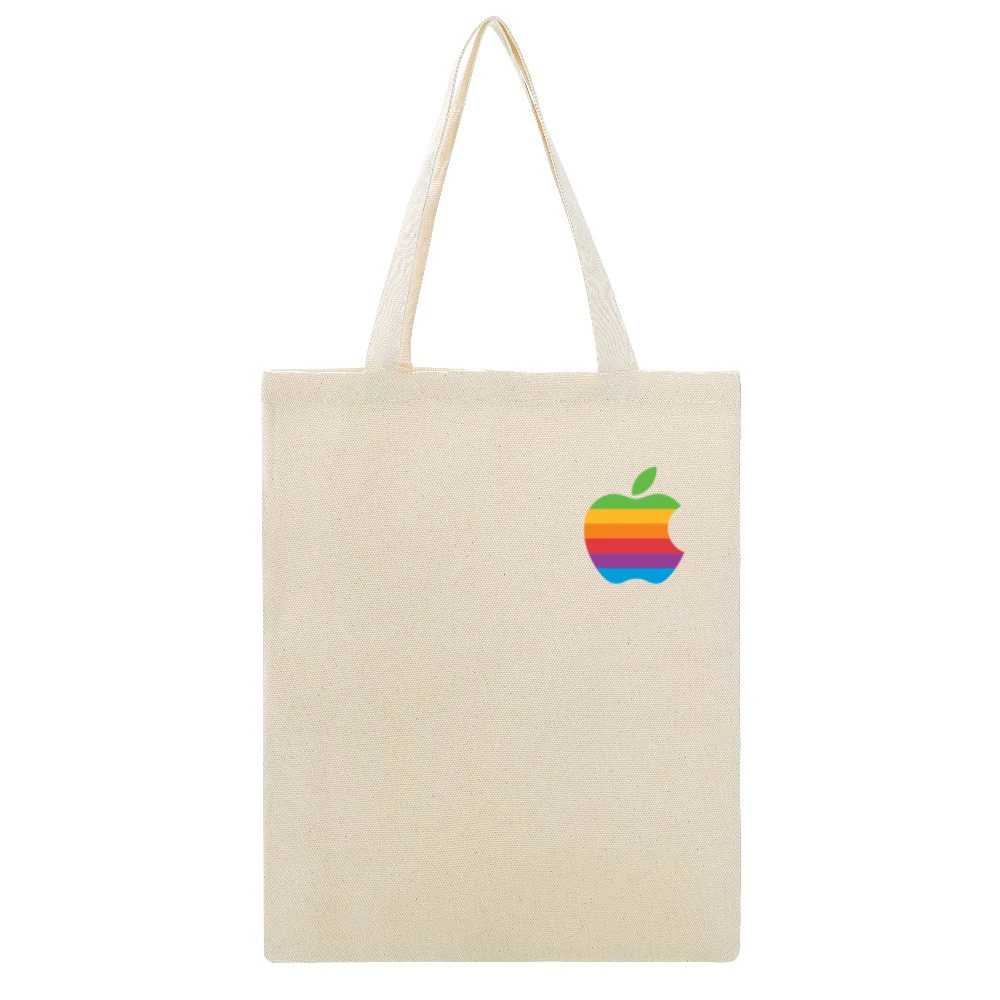 Rainbow Apple Vintage Retro Graphic Logo Tee Shirt Beige Canvas Tote Shopping Bag