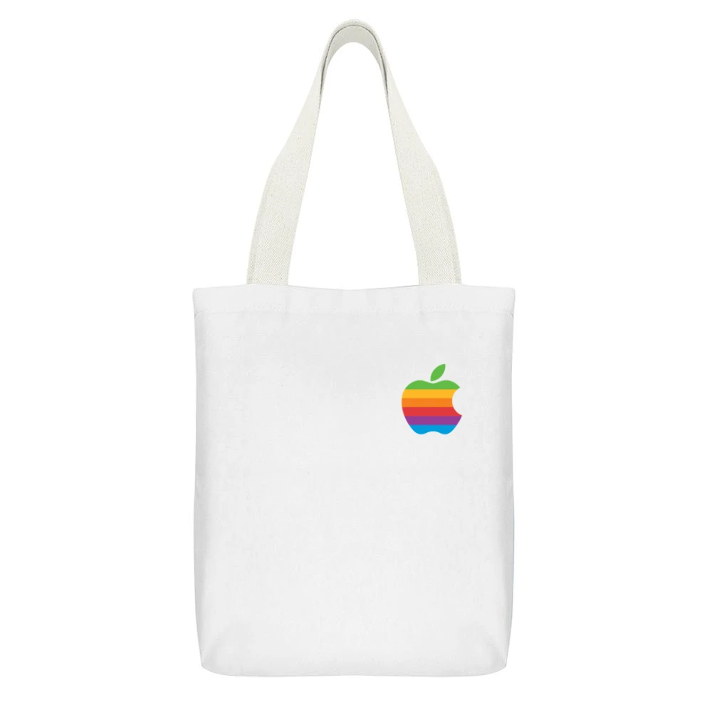 Rainbow Apple Vintage Retro Graphic Logo Tee Shirt White Canvas Tote Shopping Bag With Interior Pocket