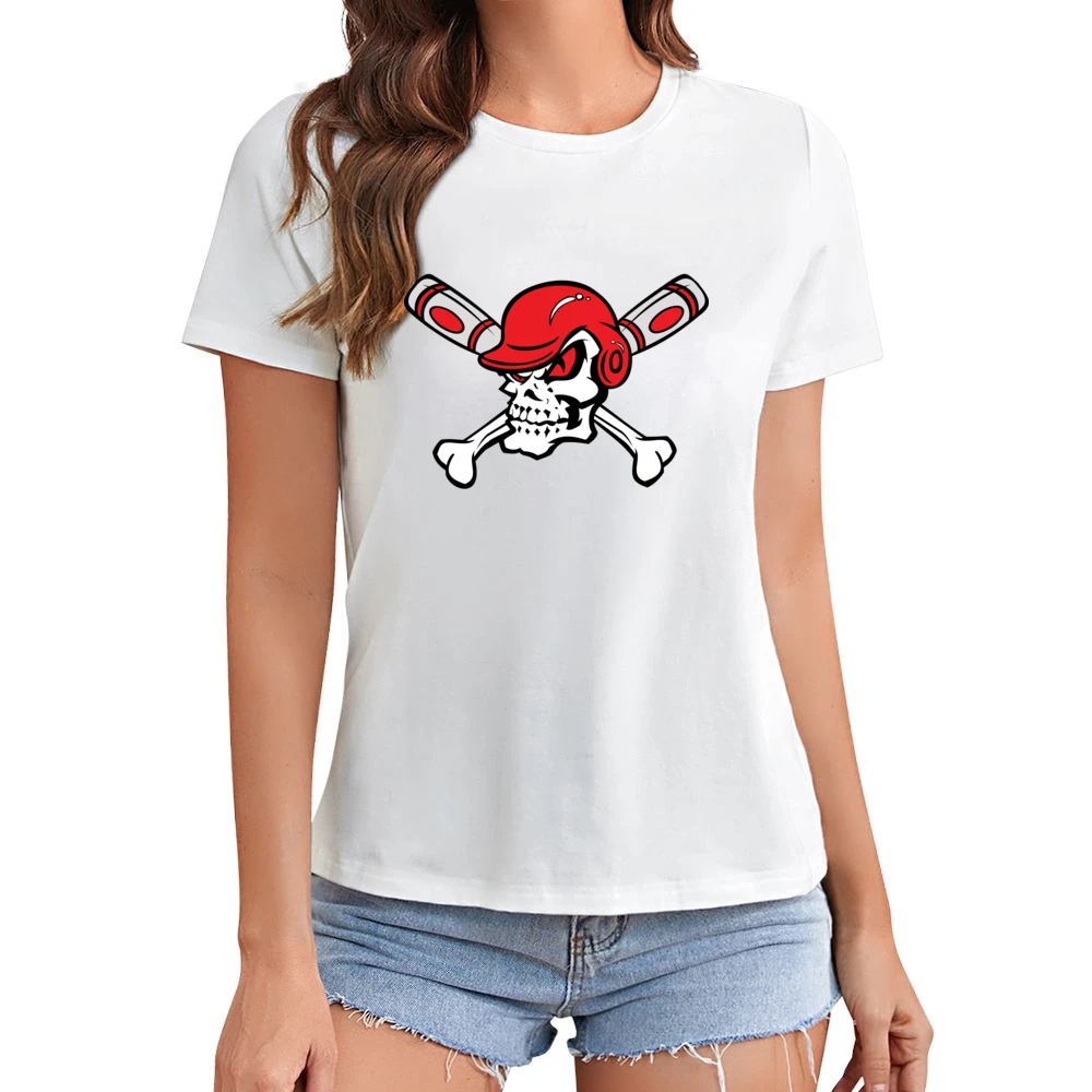 Red Eyed Baseball Skull Wearing Helmet Crossed Bats Asian Size Women Ladies T-shirt