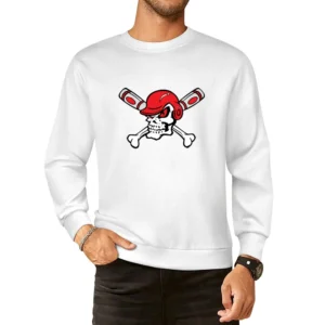 Red Eyed Baseball Skull Wearing Helmet Crossed Bats European Size Pullover Sweater