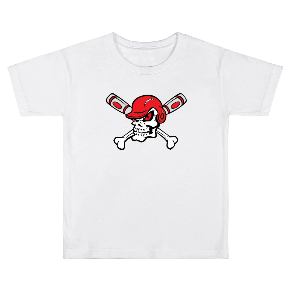 Red Eyed Baseball Skull Wearing Helmet Crossed Bats Kids Boys Girls T-Shirt