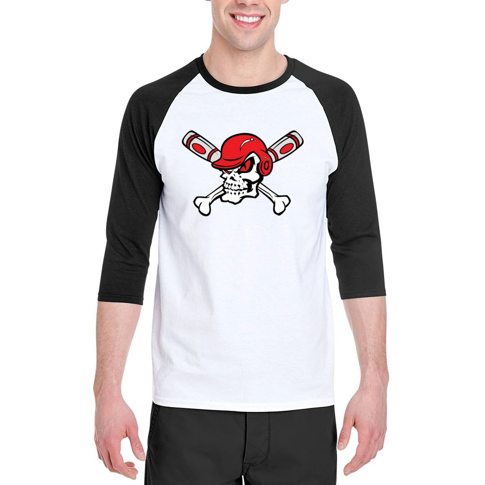Red Eyed Baseball Skull Wearing Helmet Crossed Bats Men 3/4 Sleeve T-Shirt