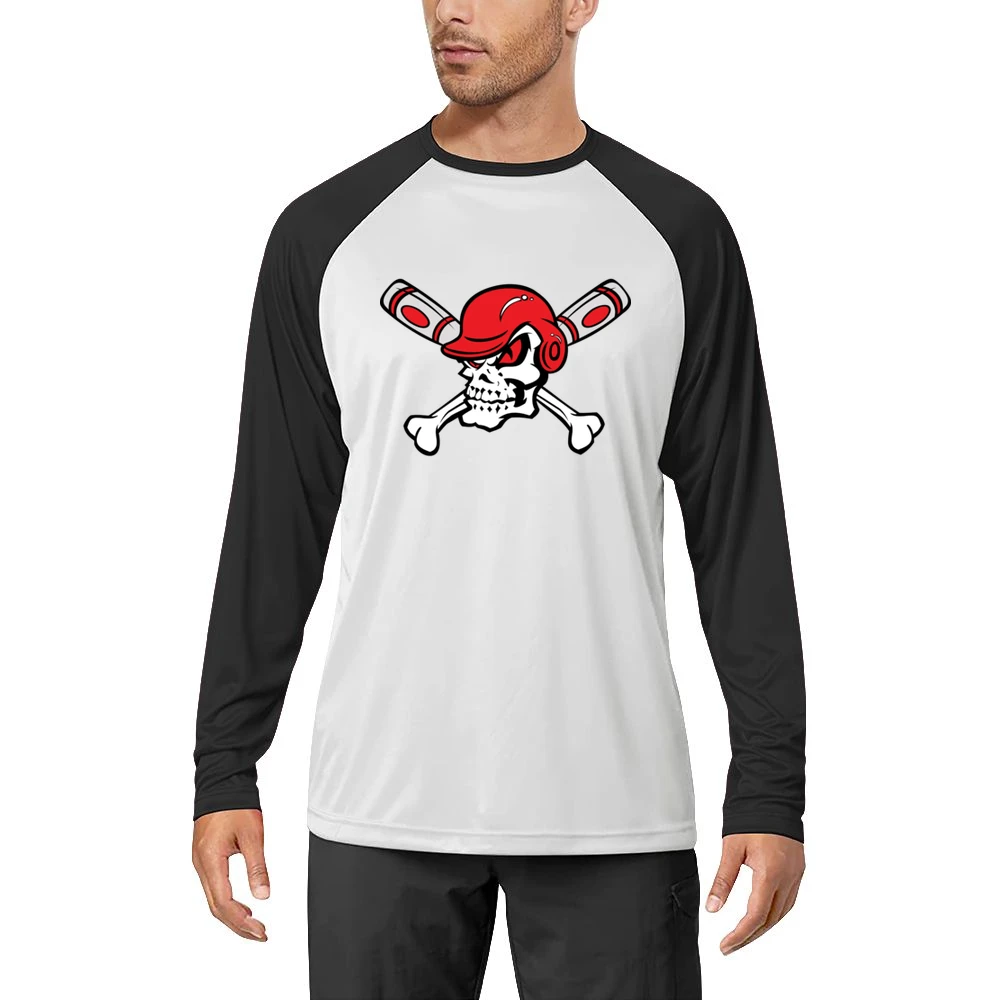 Red Eyed Baseball Skull Wearing Helmet Crossed Bats Men Long Sleeve T-Shirt