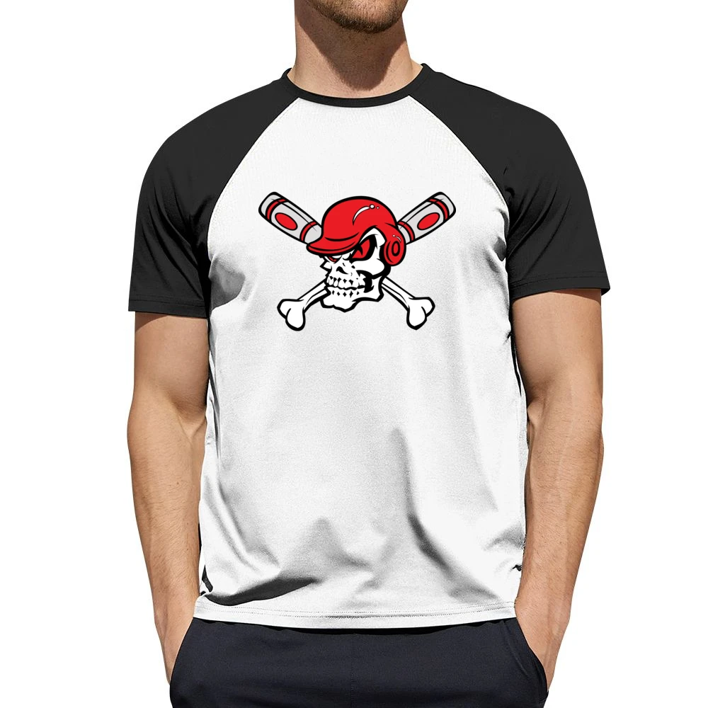Red Eyed Baseball Skull Wearing Helmet Crossed Bats Men Short Sleeve T-Shirt