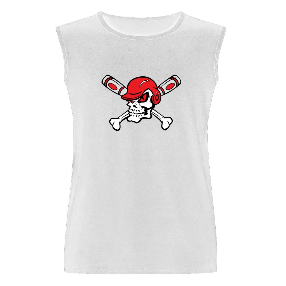 Red Eyed Baseball Skull Wearing Helmet Crossed Bats Men Sleeveless T-Shirt