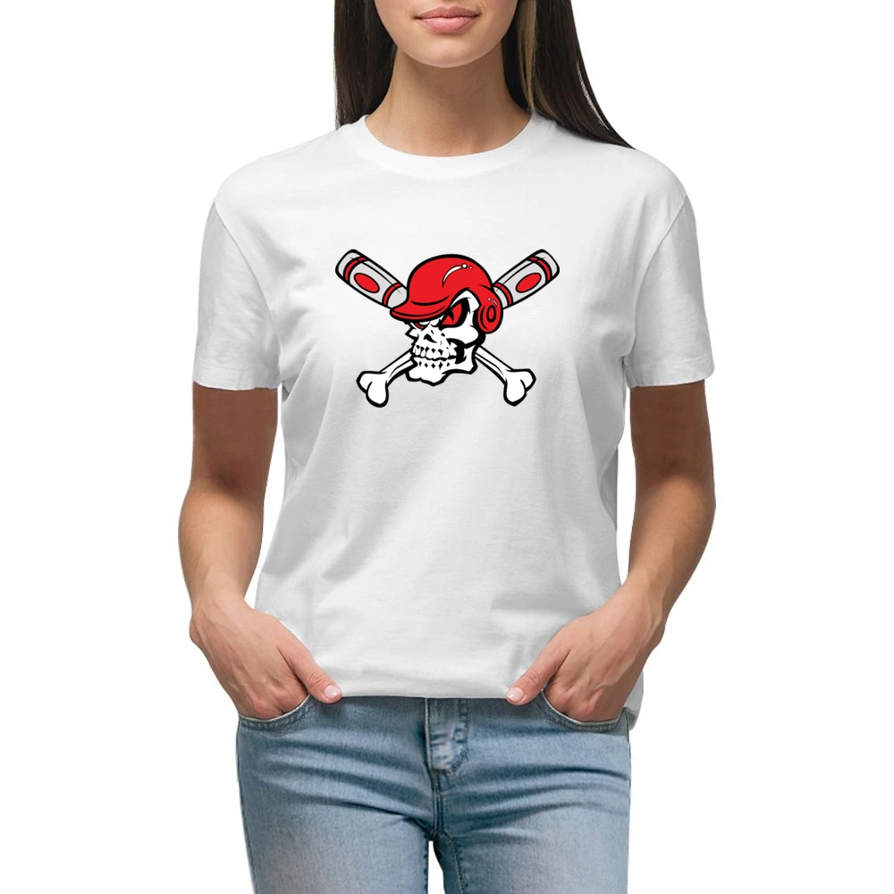 Red Eyed Baseball Skull Wearing Helmet Crossed Bats Premium Women Ladies T-shirt