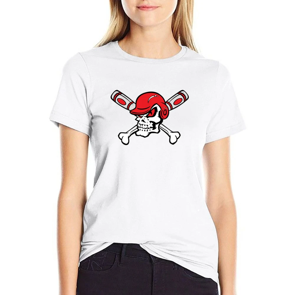 Red Eyed Baseball Skull Wearing Helmet Crossed Bats US Size Women Ladies T-shirt