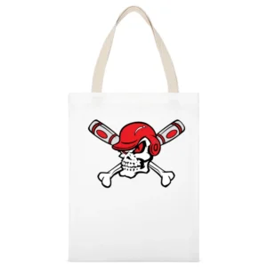 Red Eyed Baseball Skull Wearing Helmet Crossed Bats White Canvas Tote Shopping Bag