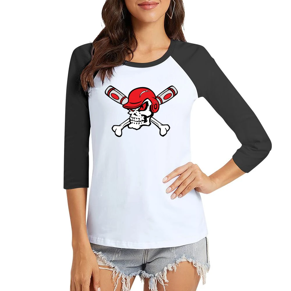 Red Eyed Baseball Skull Wearing Helmet Crossed Bats Women Ladies 3-4 Sleeve T-Shirt