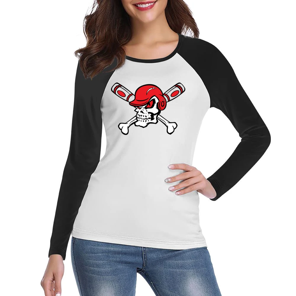 Red Eyed Baseball Skull Wearing Helmet Crossed Bats Women Ladies Long Sleeve T-Shirt