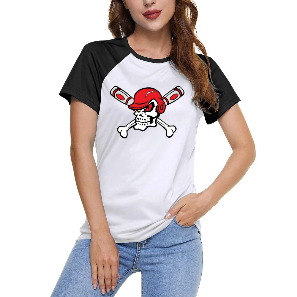 Red Eyed Baseball Skull Wearing Helmet Crossed Bats Women Ladies Short Sleeve T-Shirt