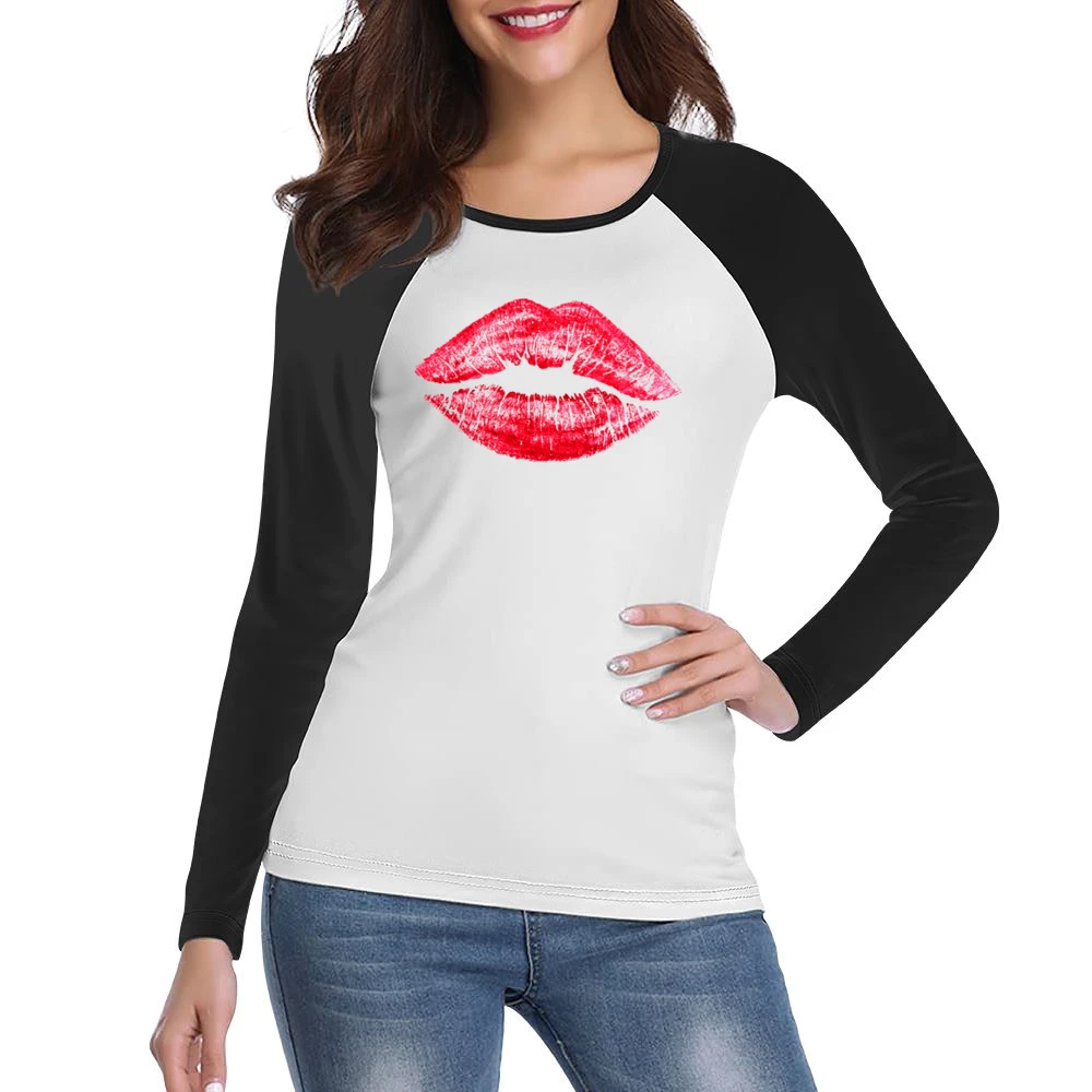 Red Lipstick Kiss Lips Popular Graphic Makeup Tee Shirt Women Ladies Long Sleeve T-Shirt