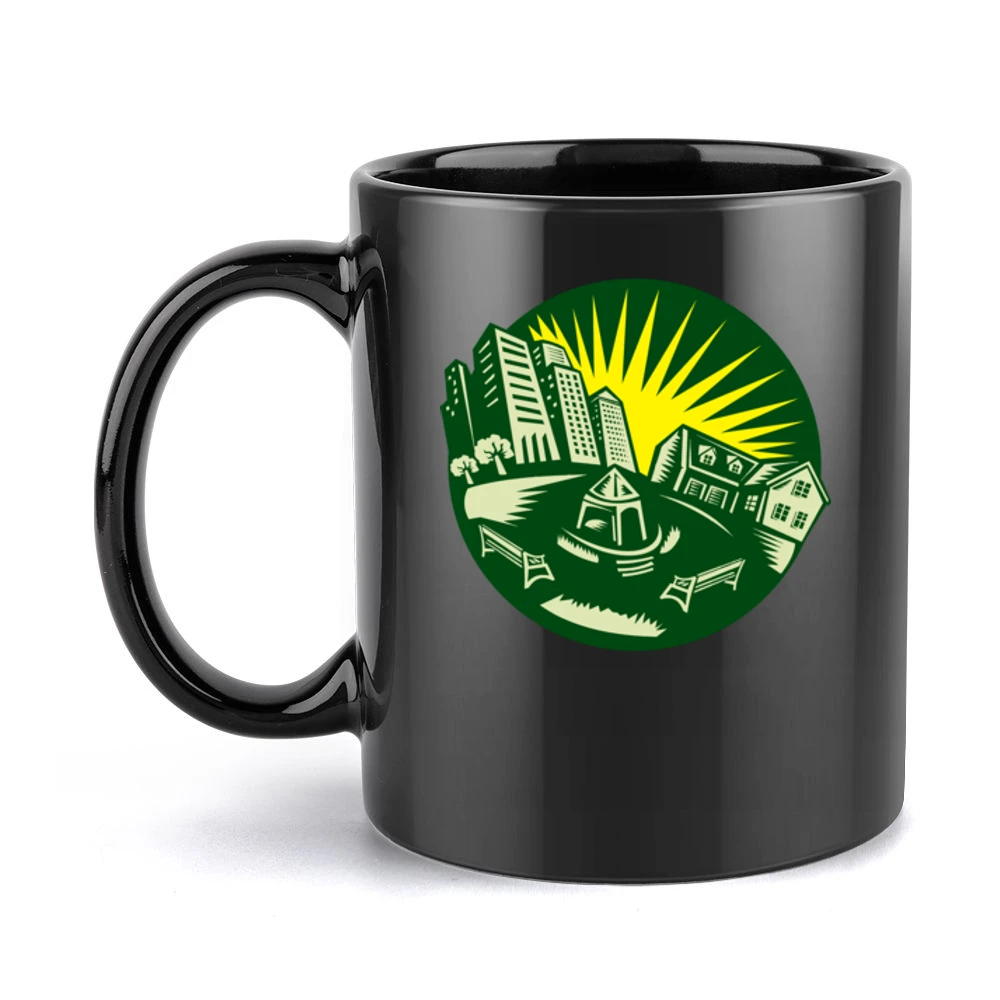 Retro Green Circle Urban Landscape And Park With A Yellow Sun Black Mug