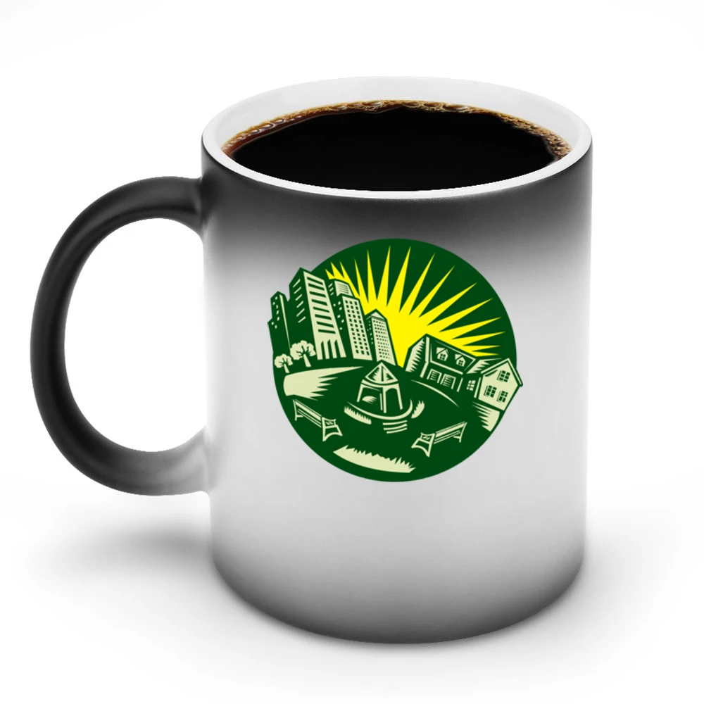 Retro Green Circle Urban Landscape And Park With A Yellow Sun Discoloration Mug