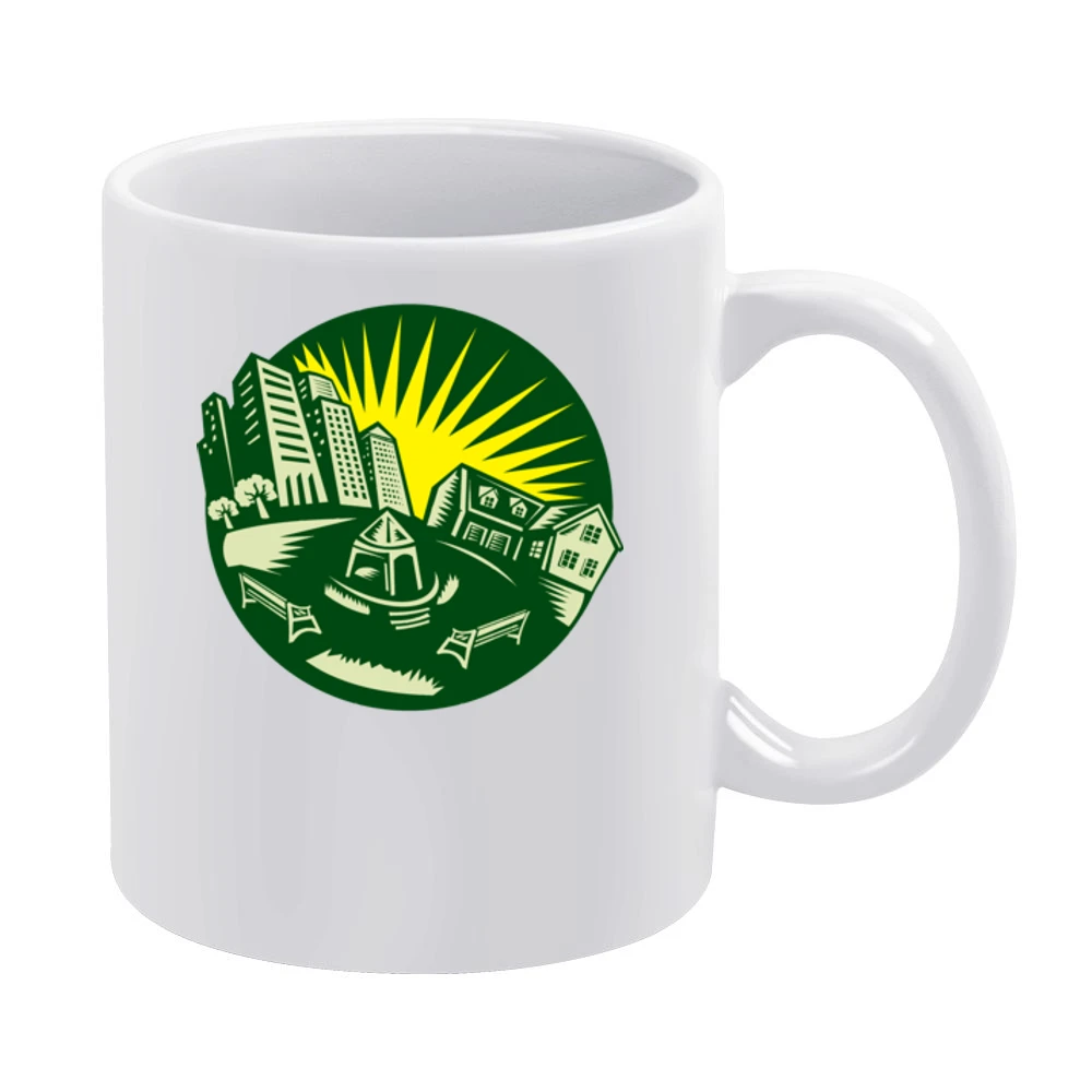 Retro Green Circle Urban Landscape And Park With A Yellow Sun White Mug