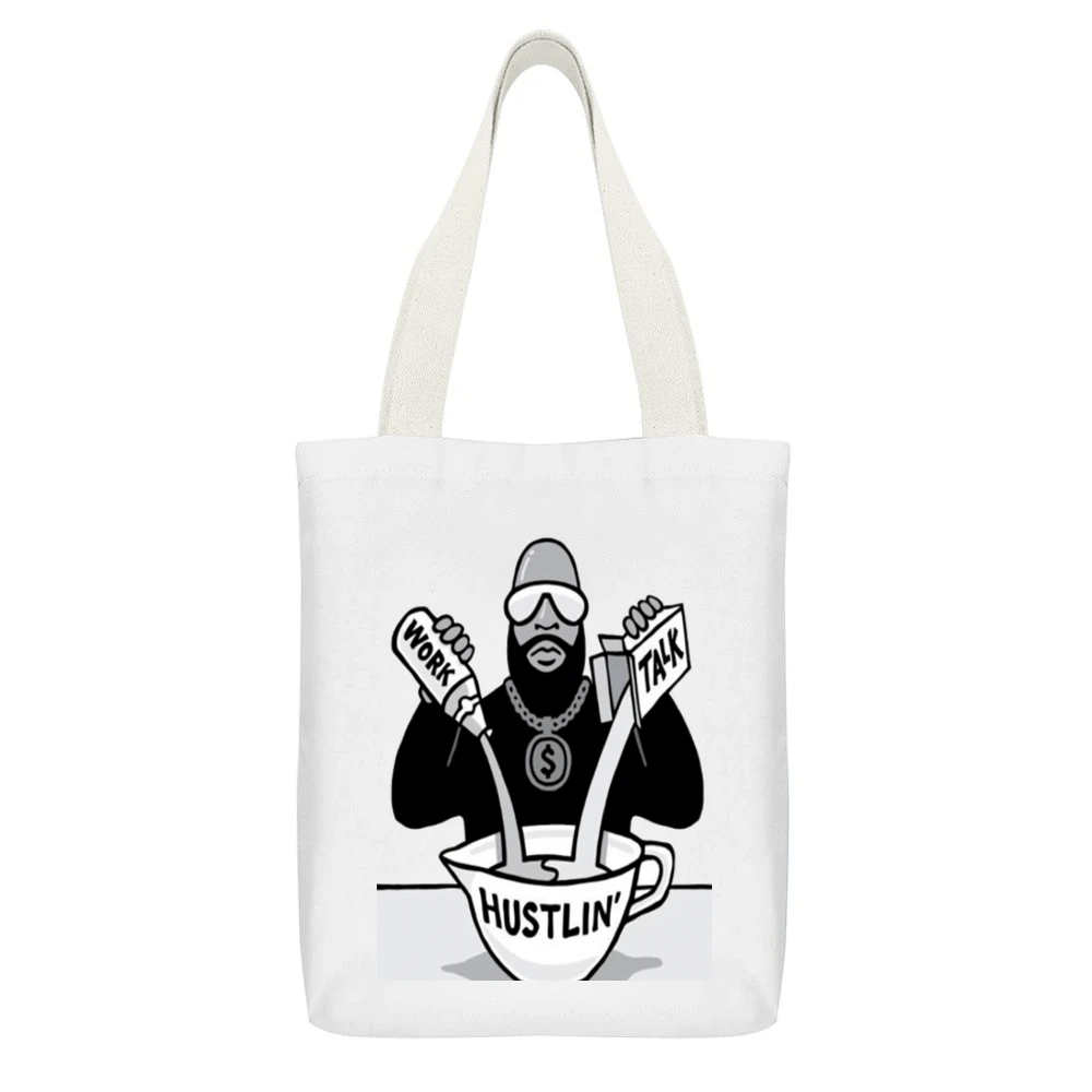 Rick Ross Hustlin White Canvas Tote Shopping Bag With Interior Pocket
