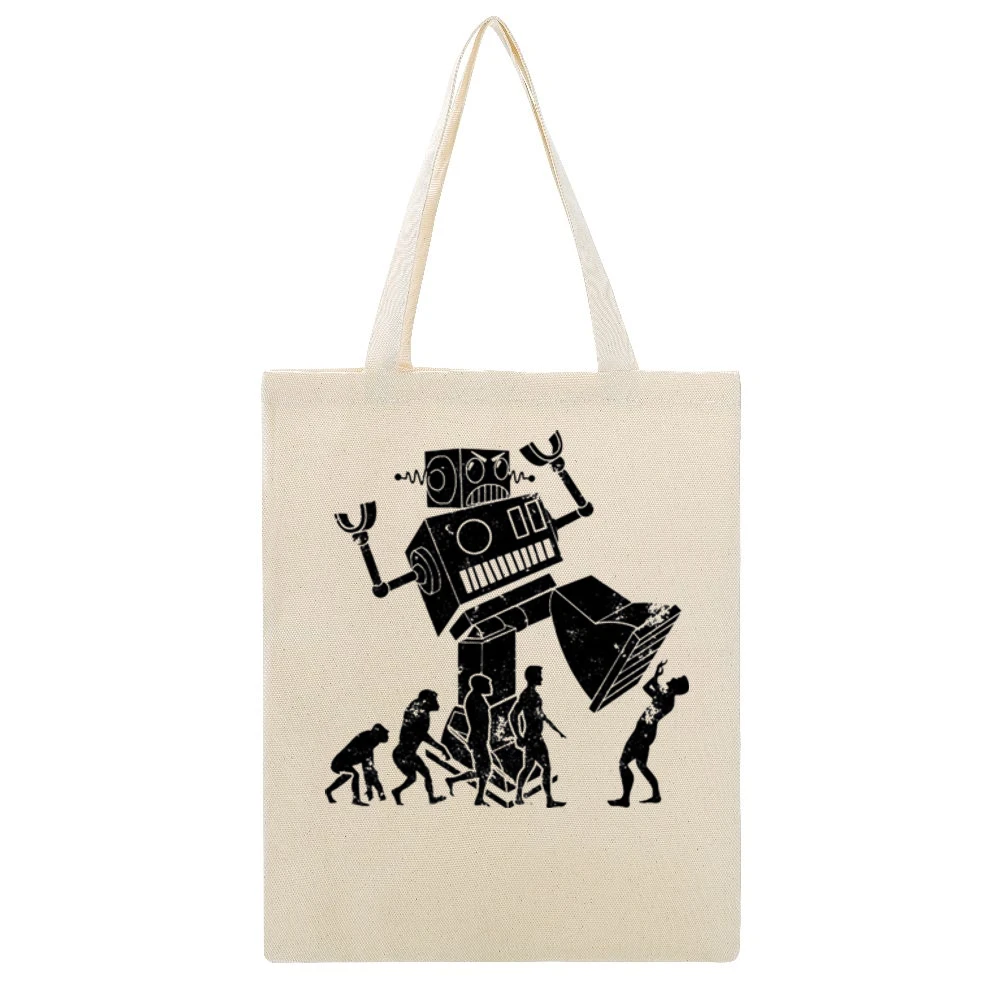 Robot Evolution Terror Funny Parody Beige Canvas Tote Shopping Bag