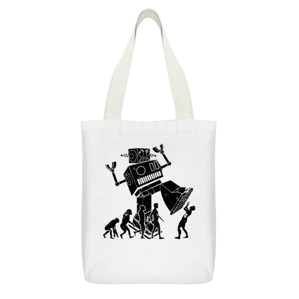 Robot Evolution Terror Funny Parody White Canvas Tote Shopping Bag With Interior Pocket