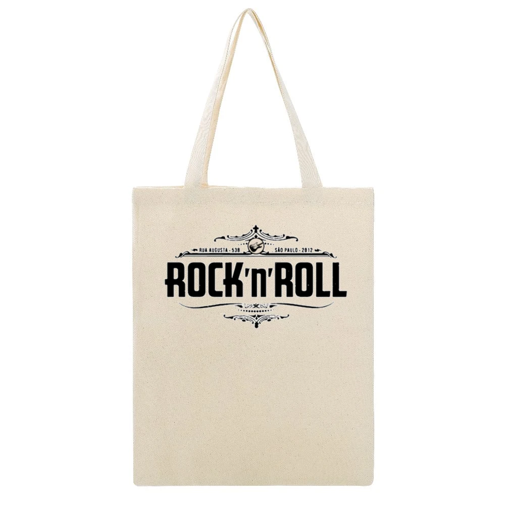 Rock N Roll Guitar Vintage Style Graphic Tee Shirt Beige Canvas Tote Shopping Bag