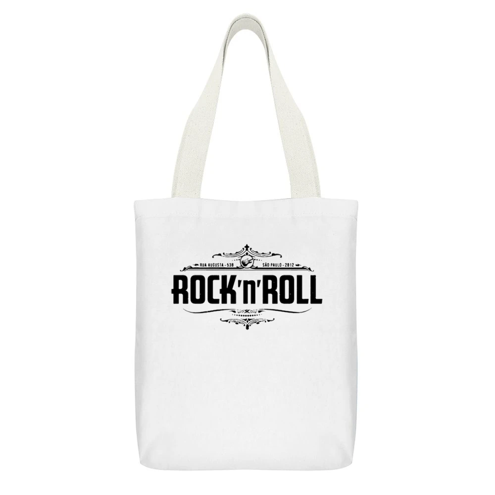 Rock N Roll Guitar Vintage Style Graphic Tee Shirt White Canvas Tote Shopping Bag With Interior Pocket