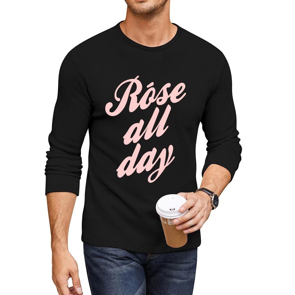 Rose All Day Fun Wine Lover Graphic Tee Shirt Men CrewNeck Long Sleeve T-Shirt