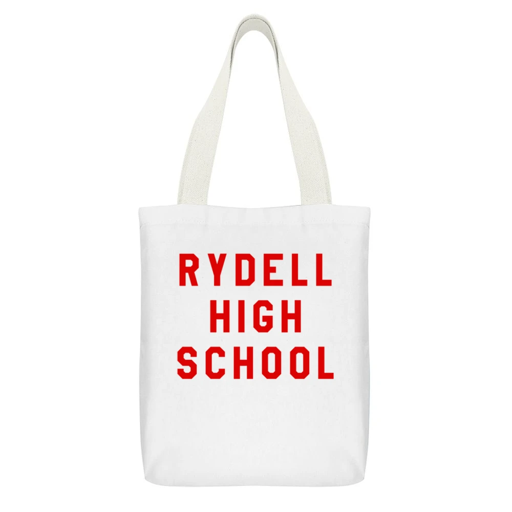 Rydell High School Fun Popular Grease Movie Graphic 80s Style White Canvas Tote Shopping Bag With Interior Pocket