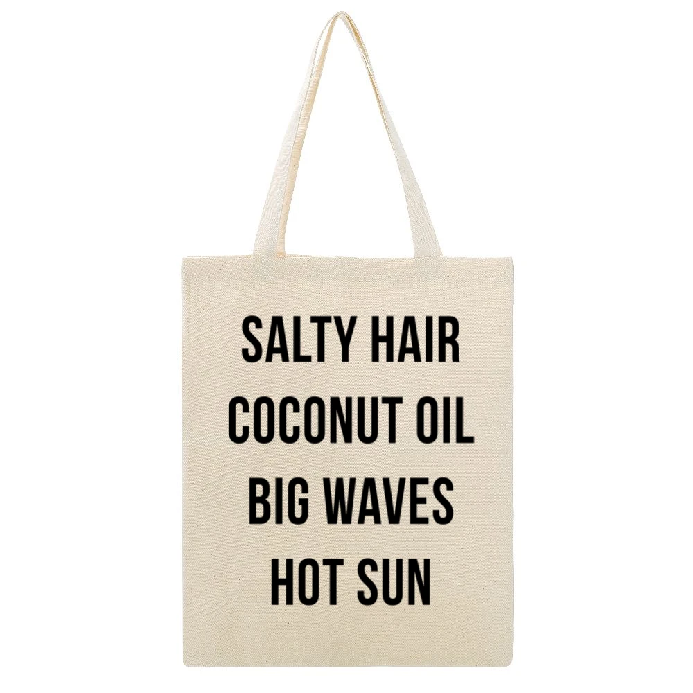 Salty Hair Coconut Oil Big Waves Hot Sun Fun Summer Lovin Graphic T Sh Beige Canvas Tote Shopping Bag