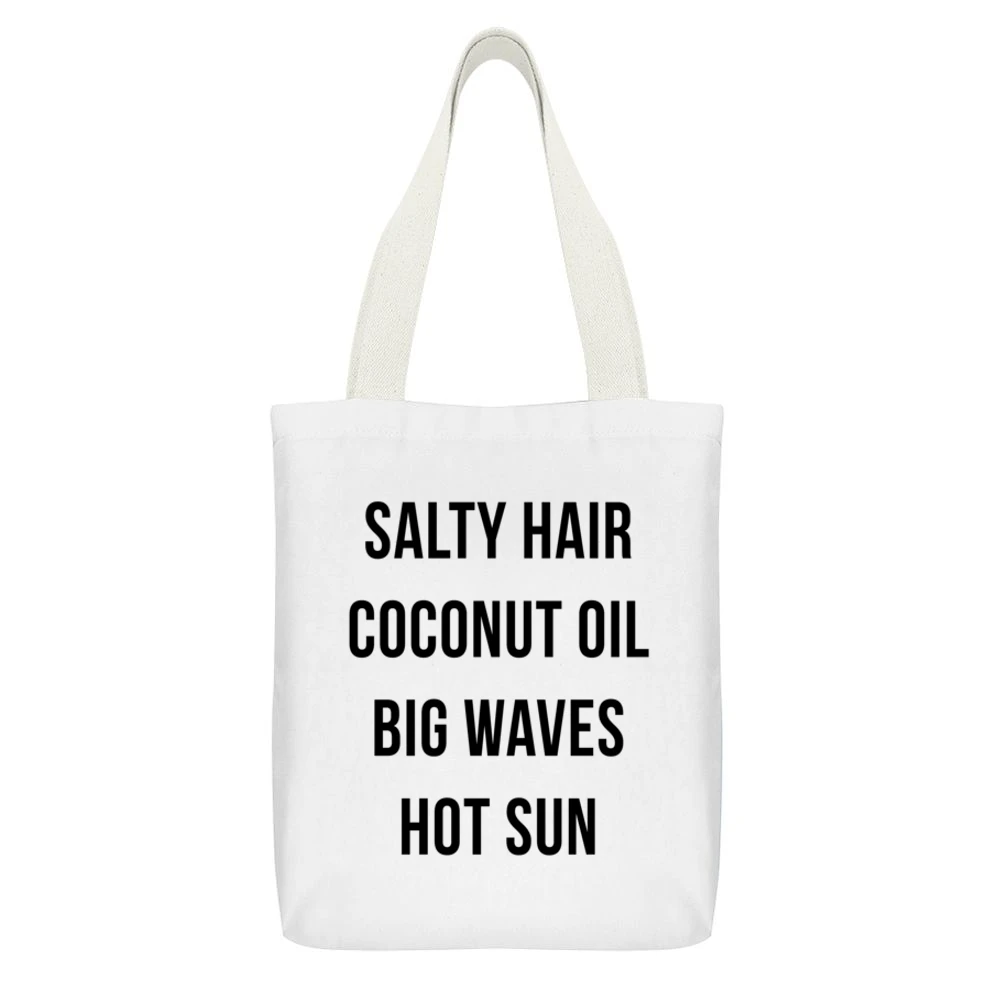 Salty Hair Coconut Oil Big Waves Hot Sun Fun Summer Lovin Graphic T Sh White Canvas Tote Shopping Bag With Interior Pocket