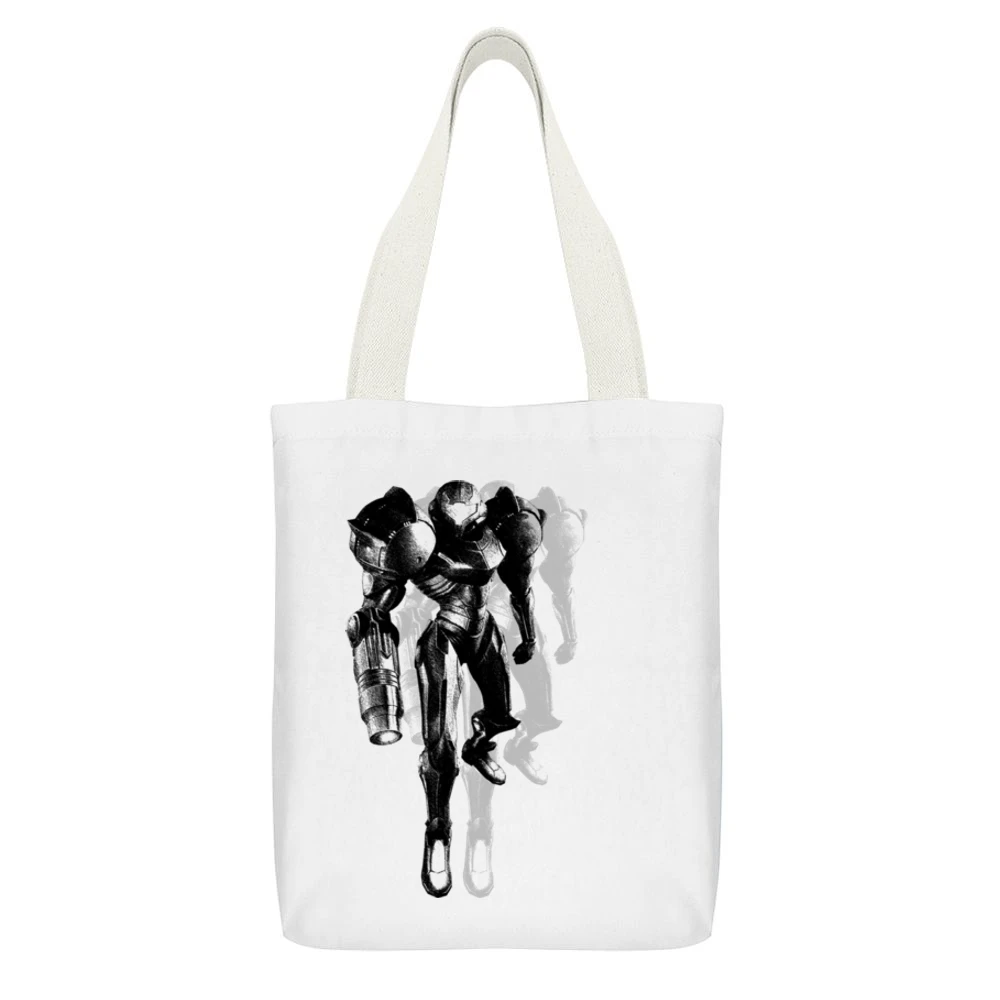 Samus Aran Metroid Armor Video Game White Canvas Tote Shopping Bag With Interior Pocket