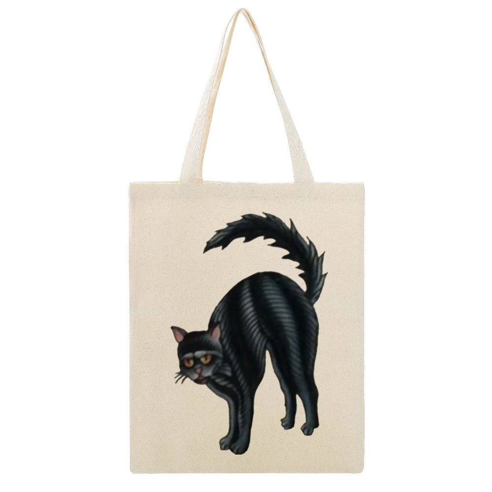 Scared black cat Beige Canvas Tote Shopping Bag