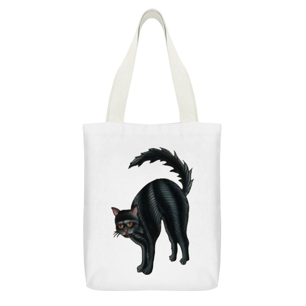 Scared black cat White Canvas Tote Shopping Bag With Interior Pocket
