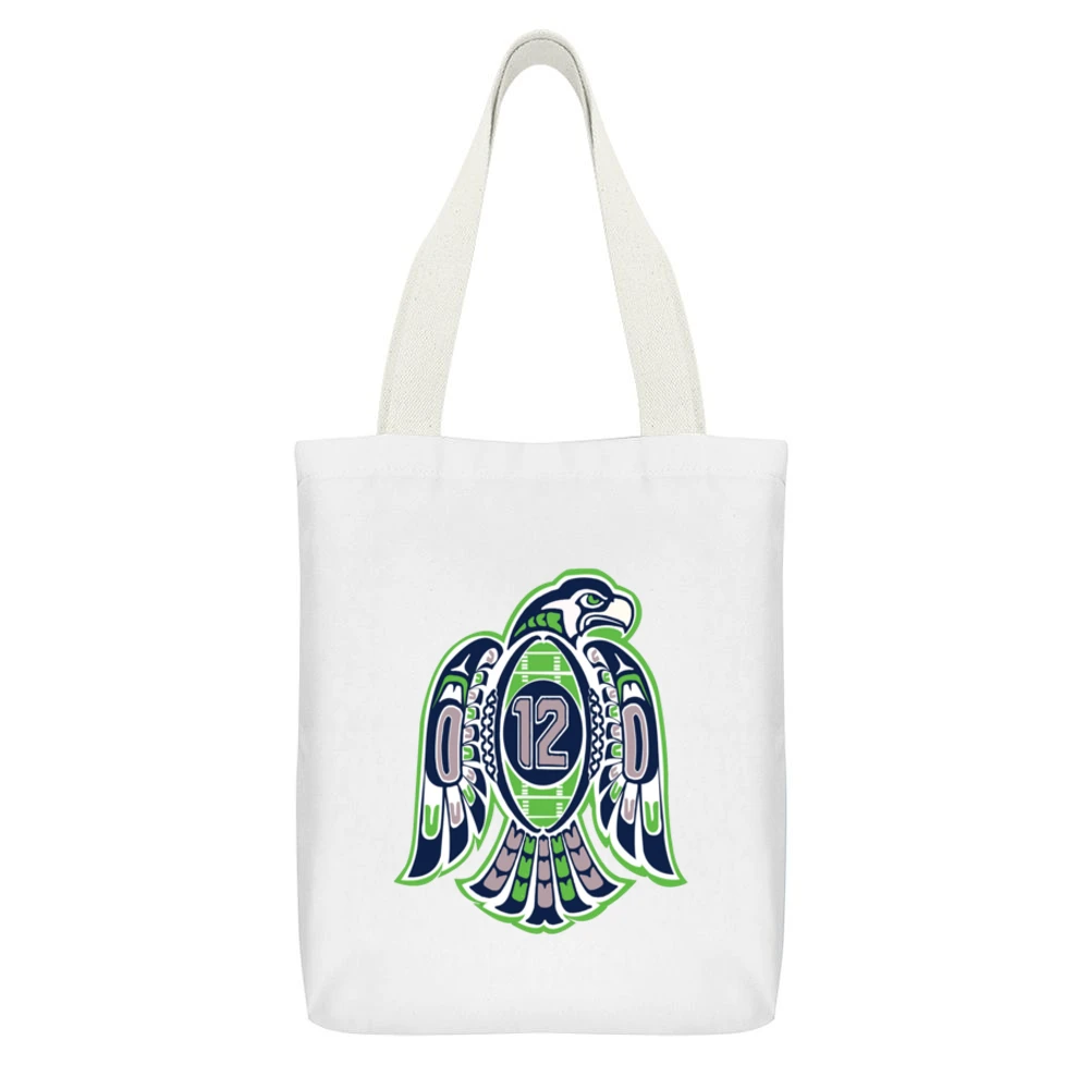 Seattle Football 12th Man White Canvas Tote Shopping Bag With Interior Pocket