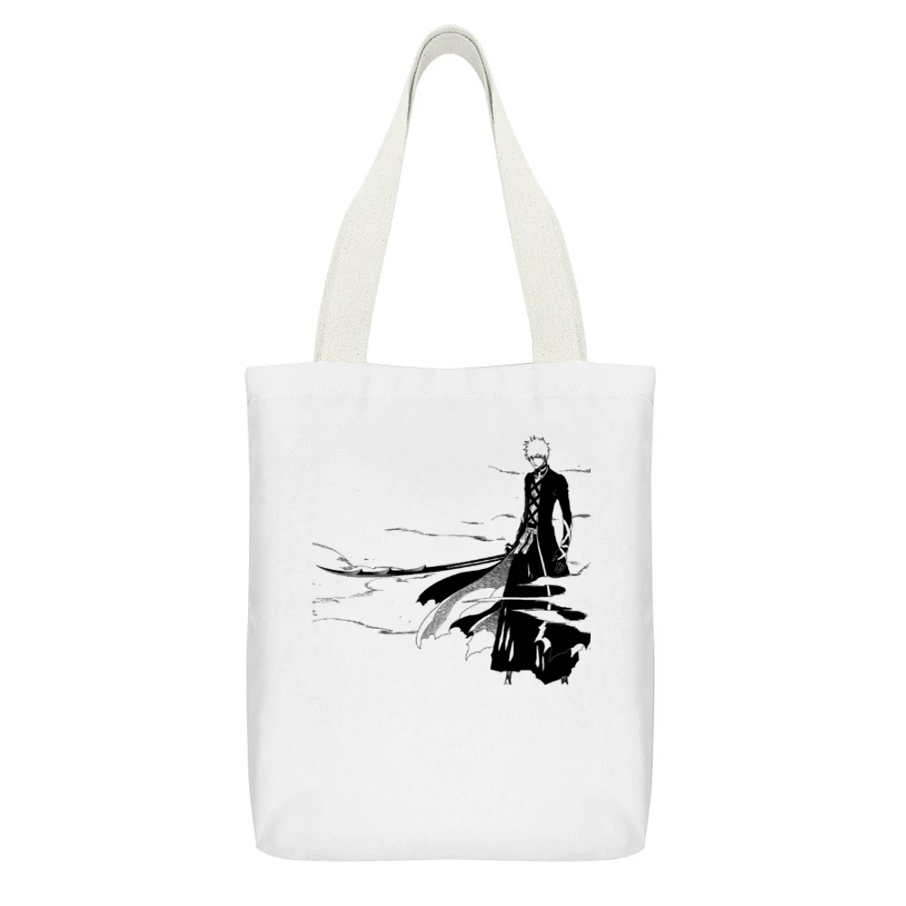 Shinigami Kurosaki Ichigo Black Bankai Bleach anime Tite Kubo manga T White Canvas Tote Shopping Bag With Interior Pocket