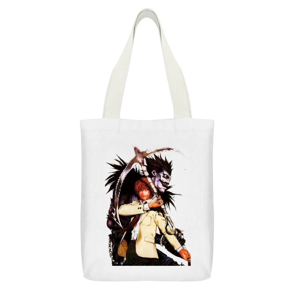 Shinigami Ryuk and yagami light Kira killer Death Note White Canvas Tote Shopping Bag With Interior Pocket