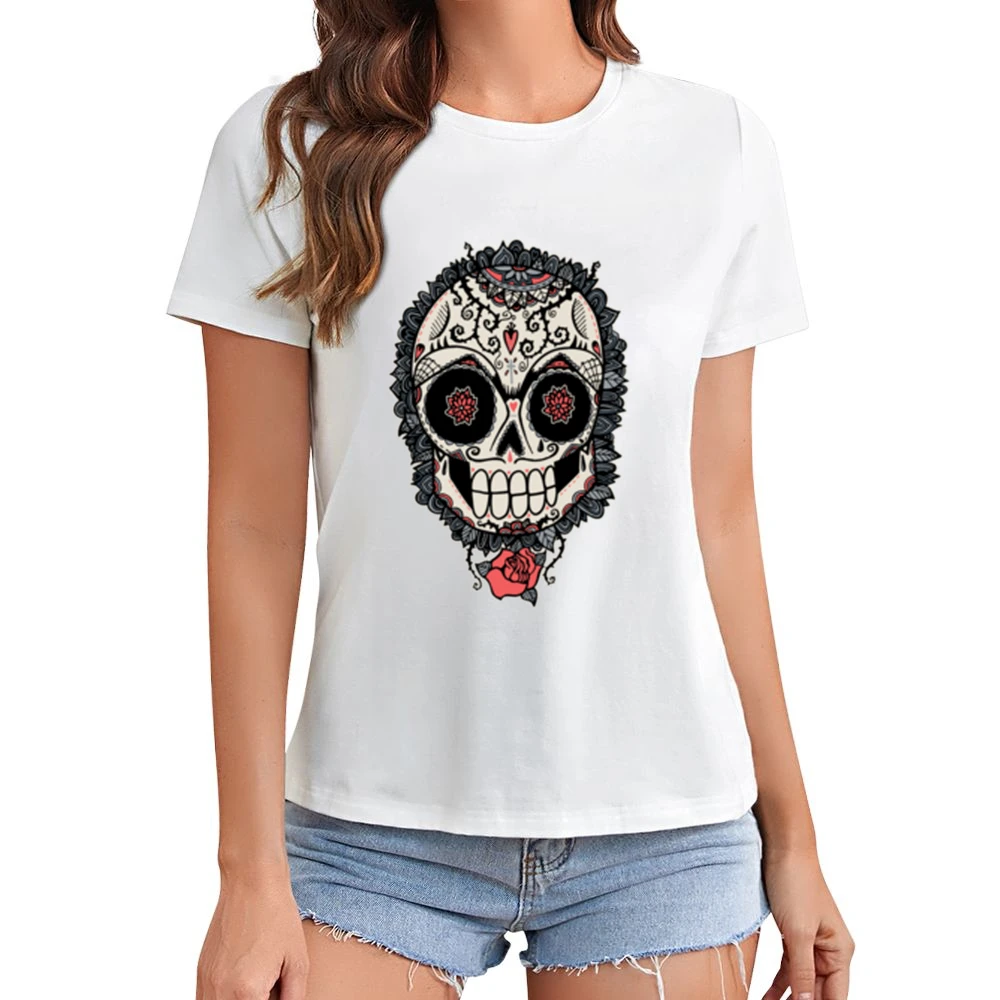 Skeleton Dia De Los Muertos Hearts Roses Design Graphic Tee Shirt Asian Size Women Ladies T-shirt