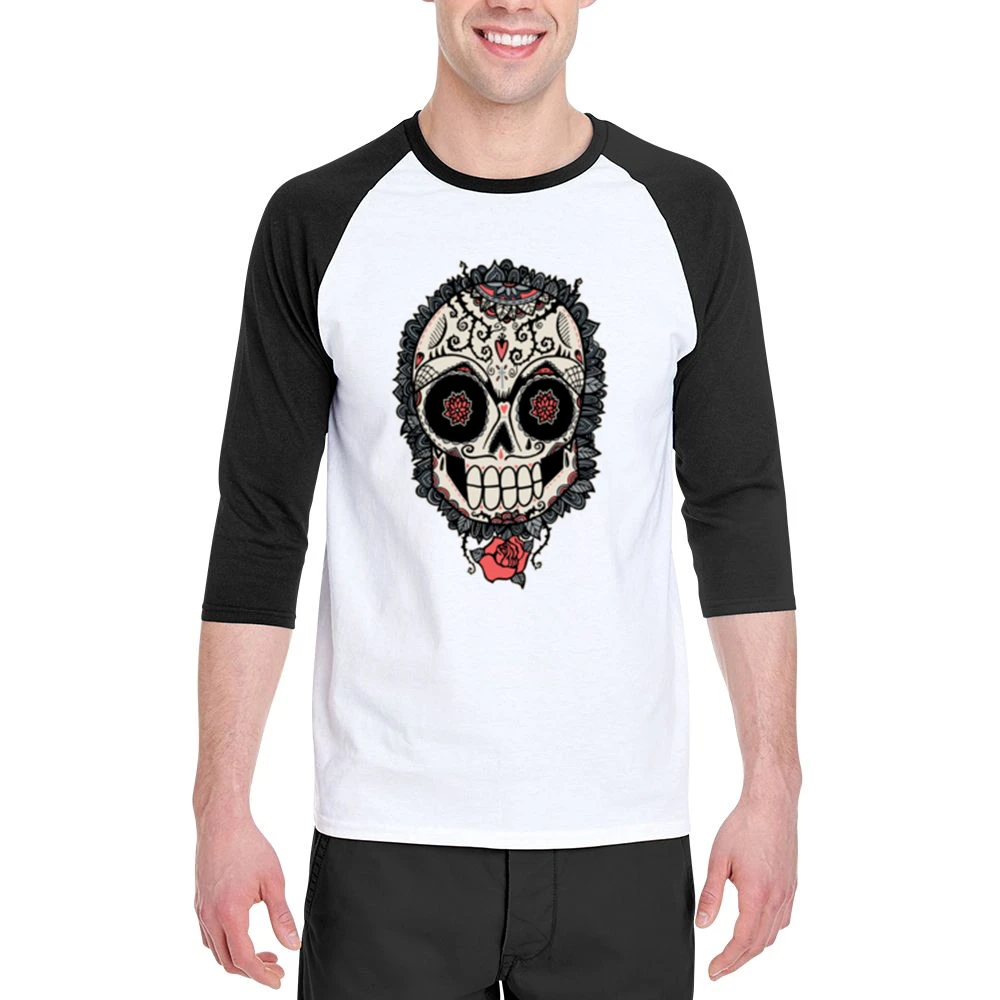 Skeleton Dia De Los Muertos Hearts Roses Design Graphic Tee Shirt Men 3/4 Sleeve T-Shirt