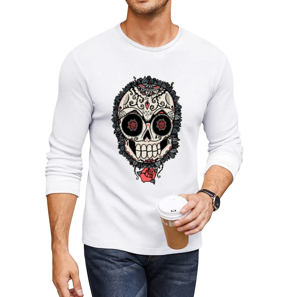 Skeleton Dia De Los Muertos Hearts Roses Design Graphic Tee Shirt Men CrewNeck Long Sleeve T-Shirt