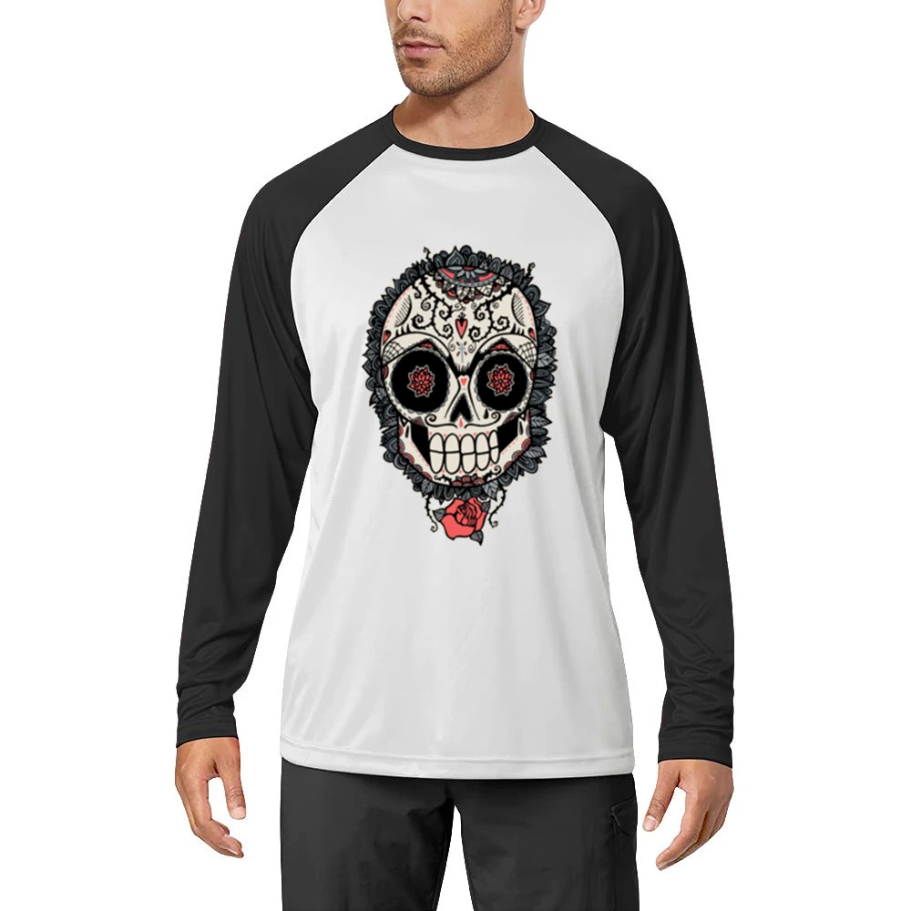 Skeleton Dia De Los Muertos Hearts Roses Design Graphic Tee Shirt Men Long Sleeve T-Shirt